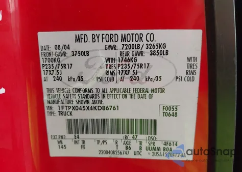 2004 Ford F-150 Fx4/Xlt z USA, uszkodzony, nr VIN 1FTPX045X4KD86761